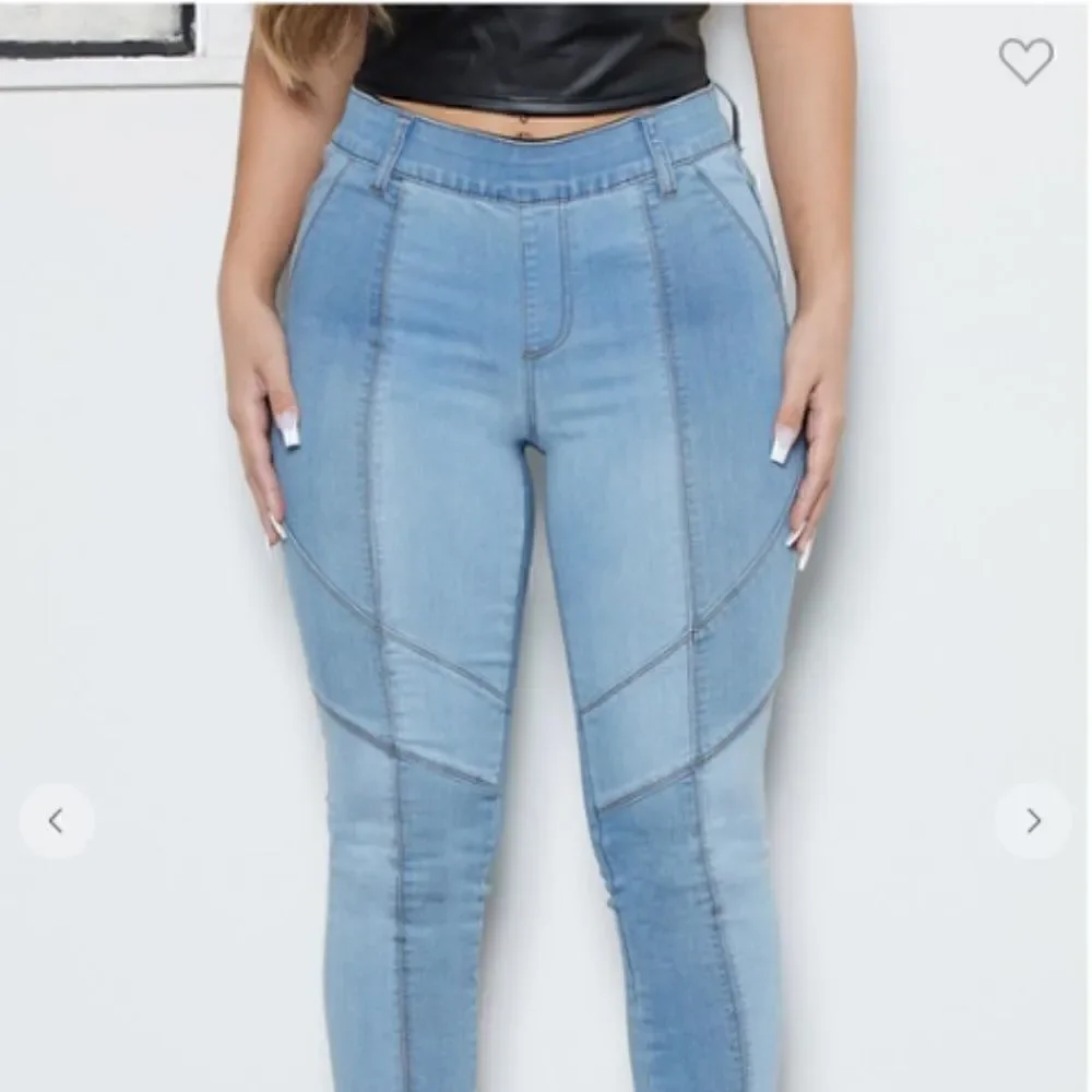 NEW! Sexy Color Blocked Pull On Skinny Blue Jeans Denim Boho Patchwork Leggings